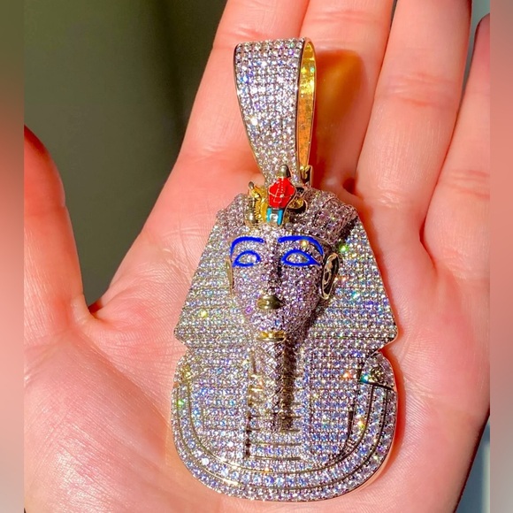 Men 14k Gold Fill Stamp Ice Egyptian King Tut Pharaoh Iced Miami Chain+Pendant - Picture 2 of 7